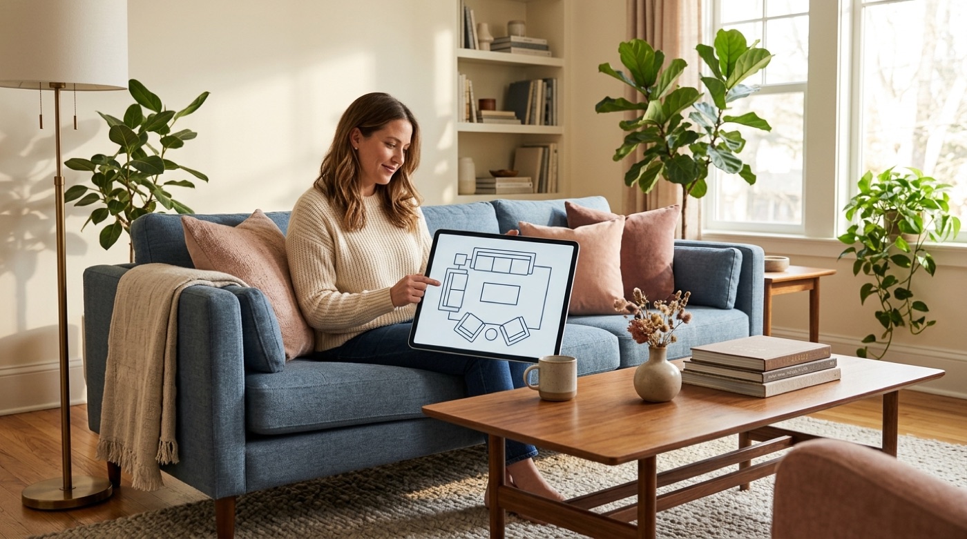A living room with an overlay showing the best arrangement of sofa, rug, coffee table and chairs