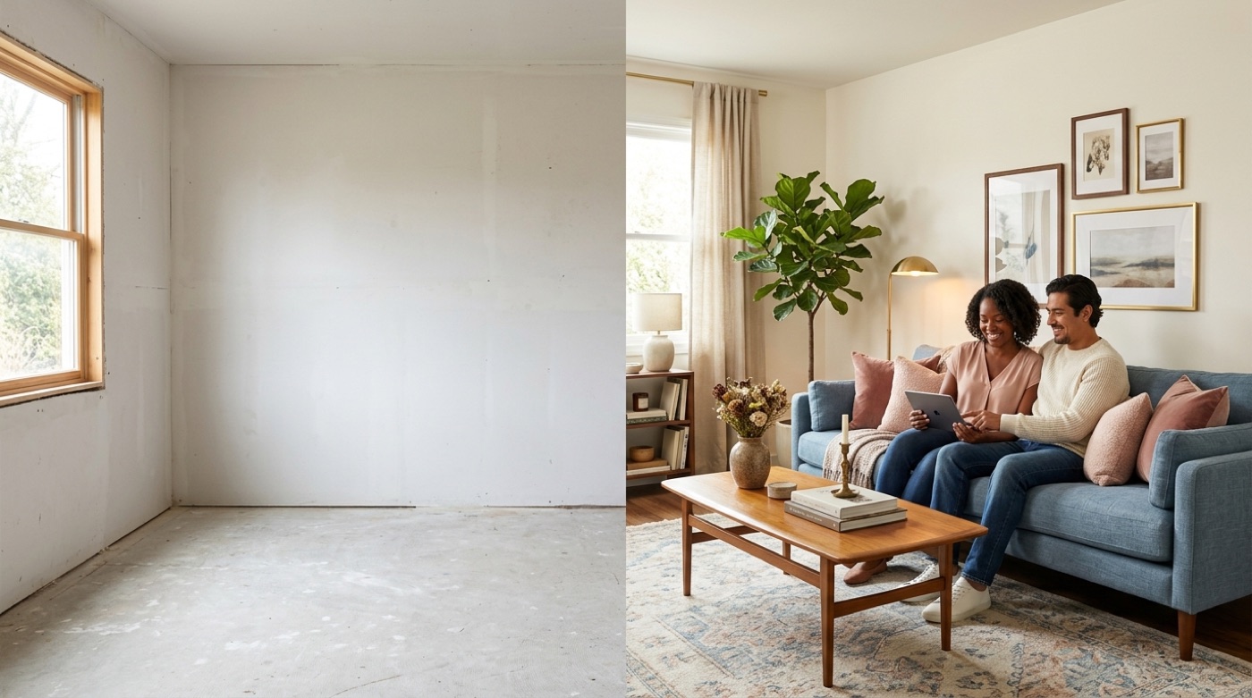 A phone pointed at an empty room showing several AI-generated design variations in different cozy styles