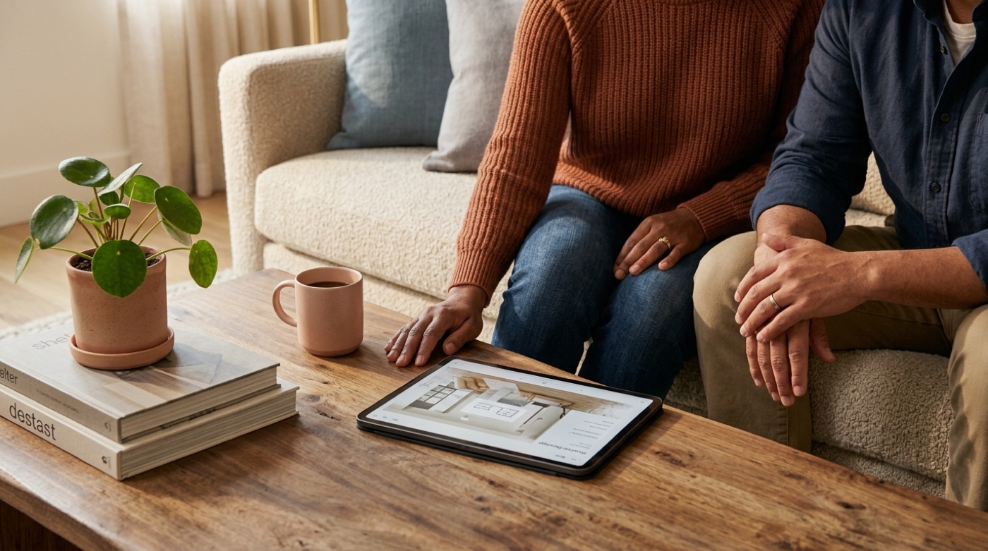 A room being redesigned with an AI interior design assistant, shown as a warm before-and-after on a tablet