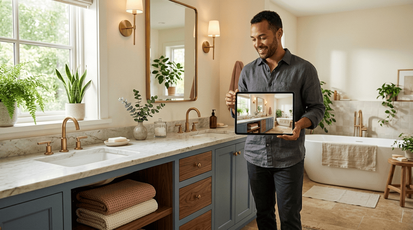 Homeowner in a spa bathroom holding a tablet that shows an AI redesign of the same room