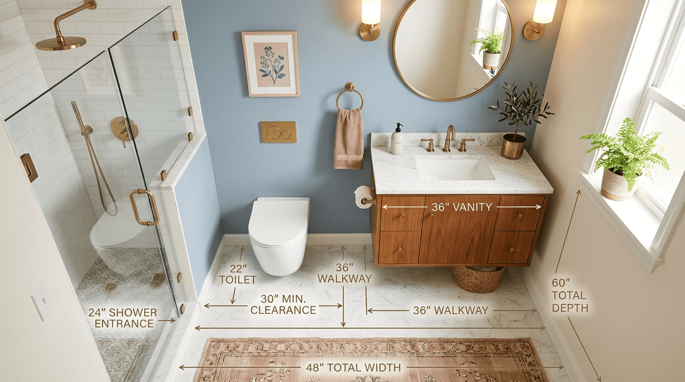 Overhead small bathroom layout with clearance measurements around toilet, vanity and shower