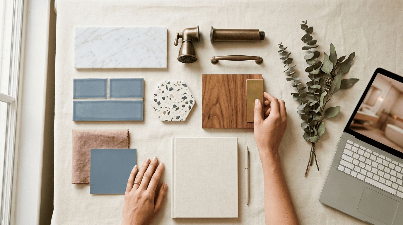 Bathroom mood board with marble, dusty-blue tile, terrazzo, walnut and brass fixtures