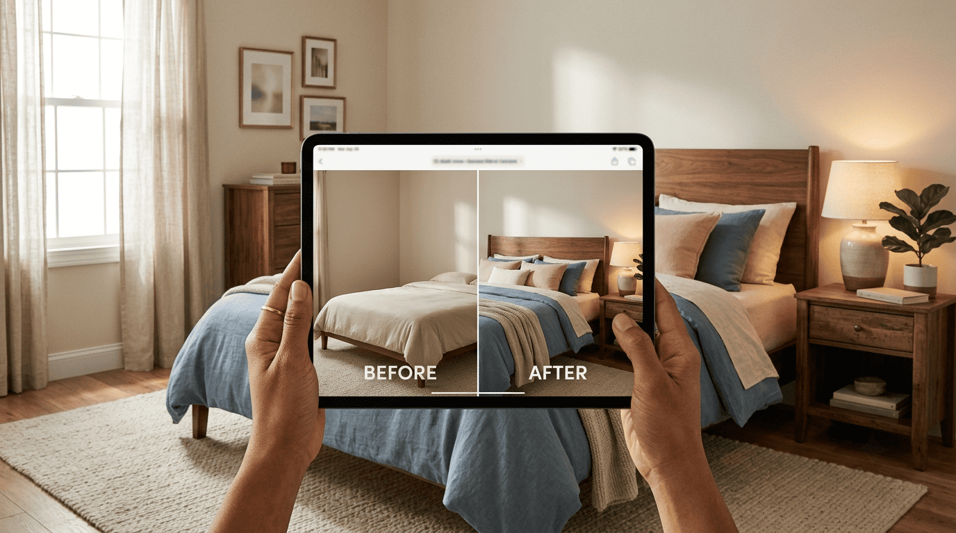 Tablet showing a before-and-after redesign of the same bedroom into a restful dusty-blue room