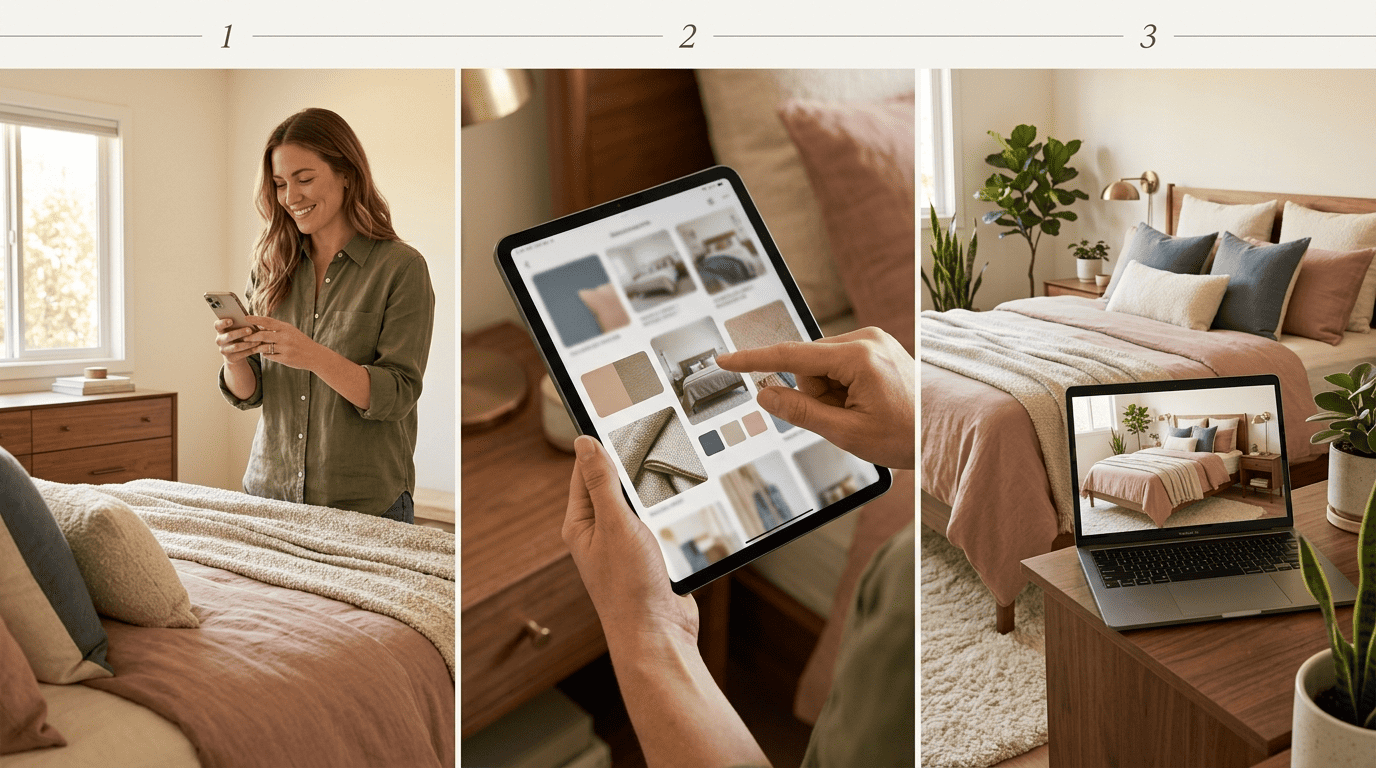 Three-step sequence: photographing a bedroom, choosing a style on a tablet, and a finished render on a laptop