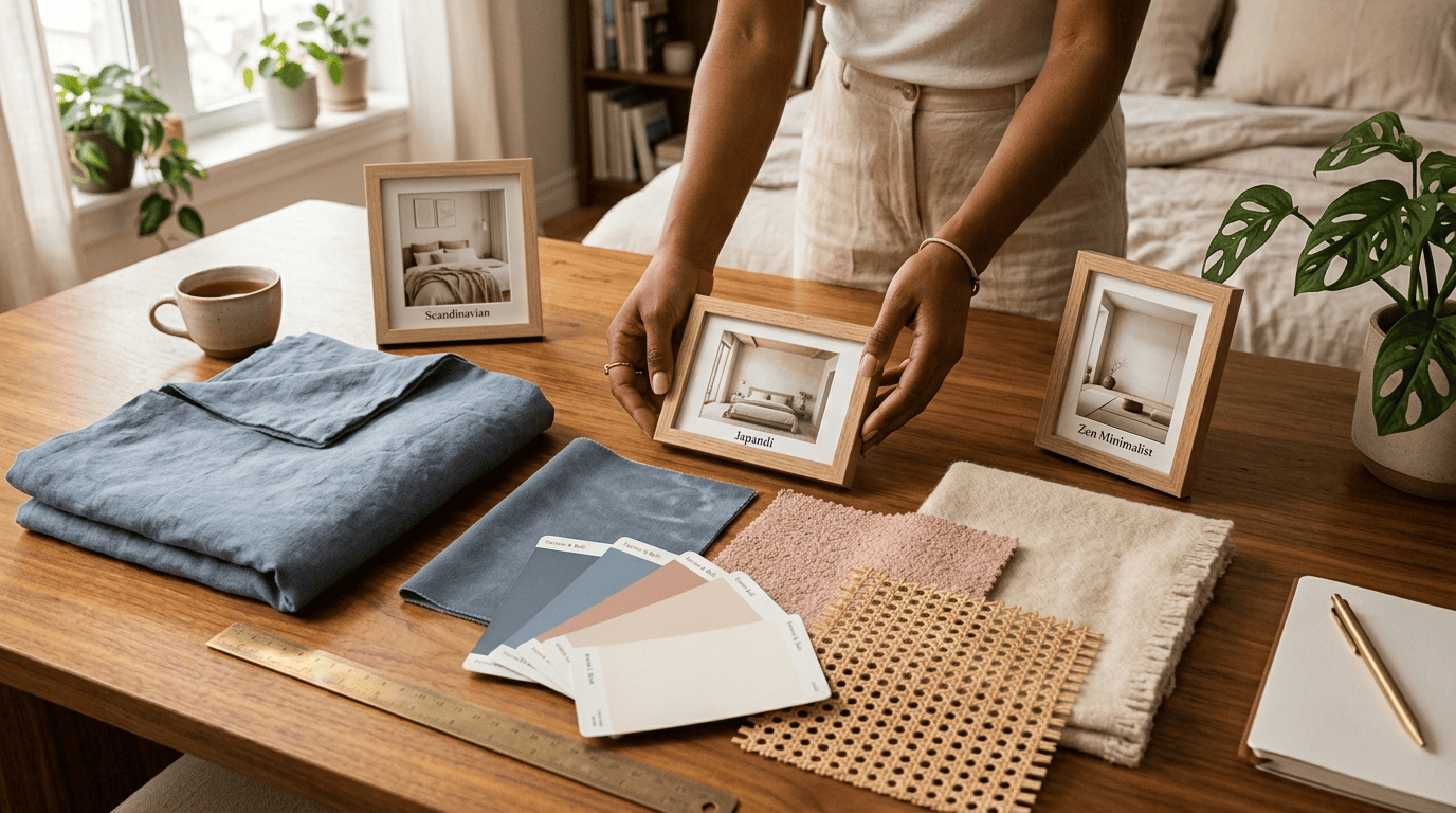 Bedroom moodboard with linen and wool swatches and framed Scandinavian, Japandi and Zen style photos