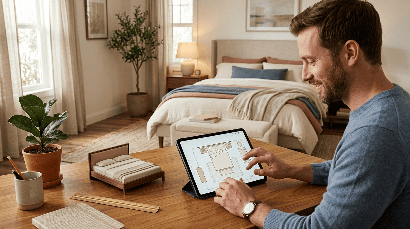 Interior designer reviewing a top-down bedroom furniture layout on a tablet