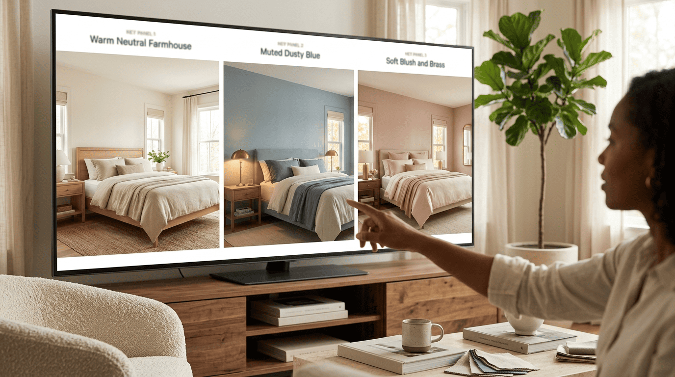 Wide screen comparing the same bedroom in warm neutral, dusty-blue and blush-and-brass palettes