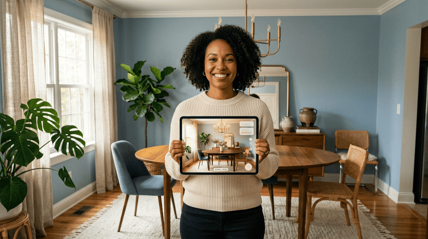 Homeowner in a dining room holding a tablet that shows an AI-redesigned version of the same space