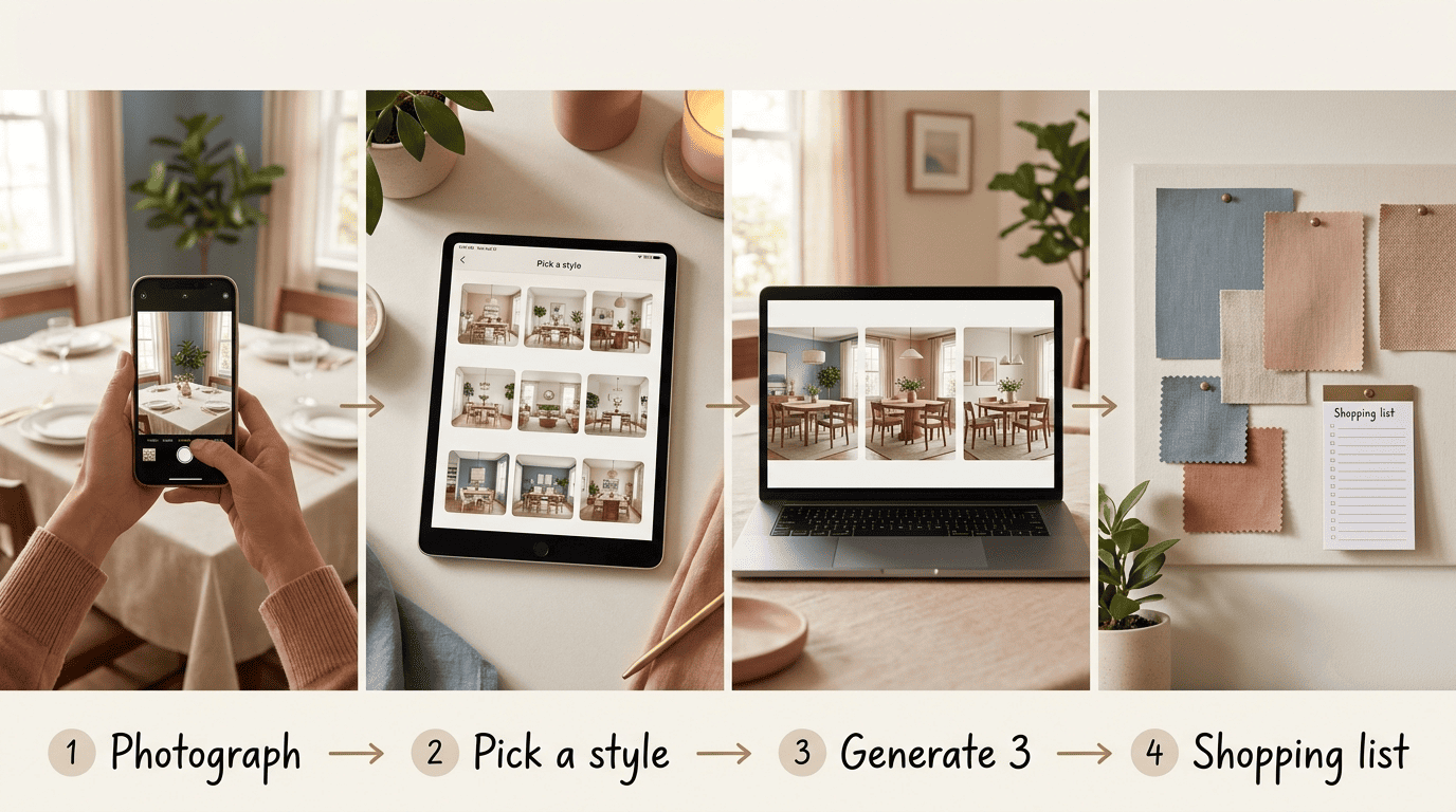 Four-step AI dining room design workflow: photograph the table, pick a style, generate three variations, pull a shopping list