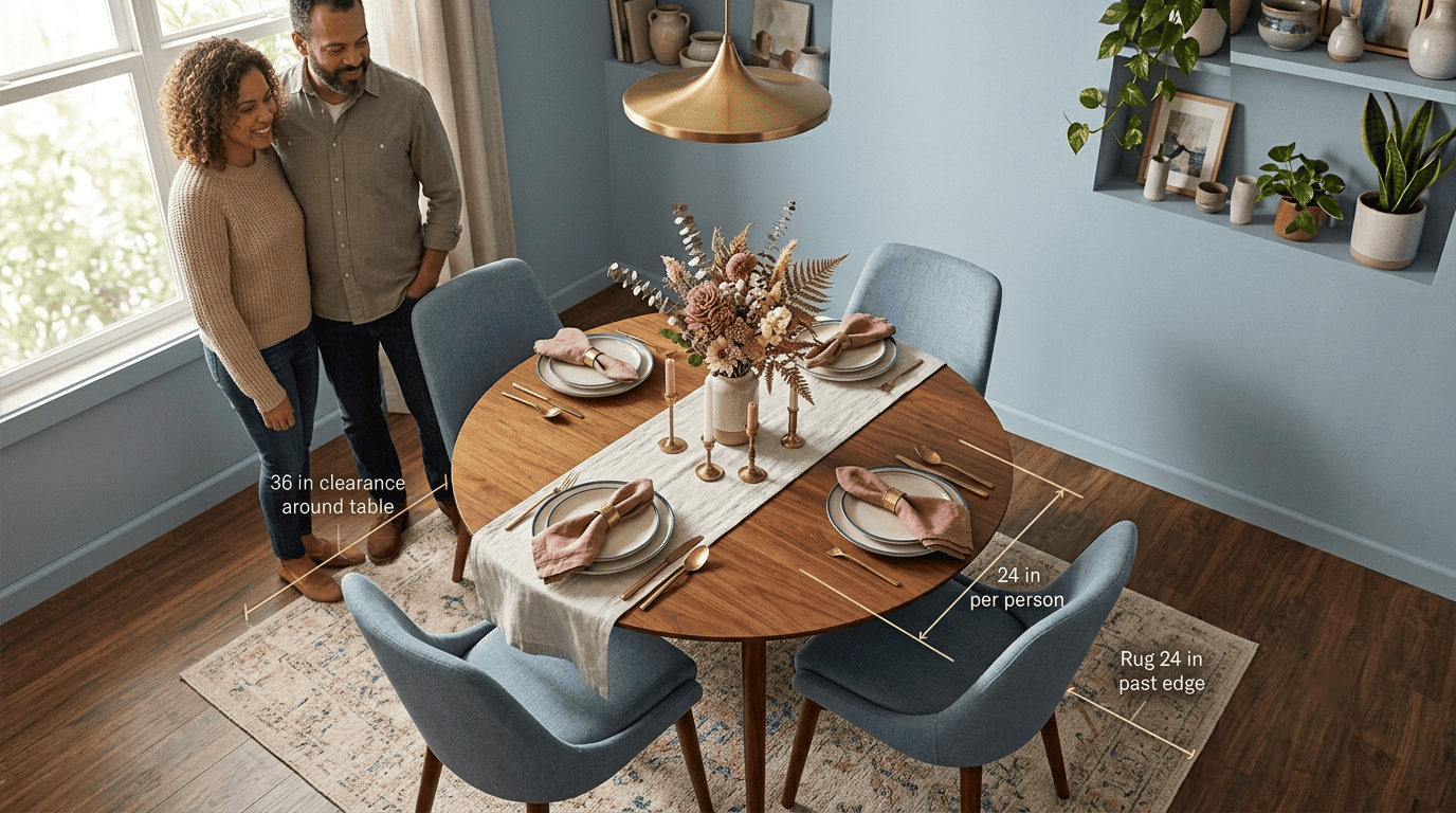 Dining table with dimension labels showing 36 inch clearance around the table, 24 inches per person, and a rug extending 24 inches past the edge