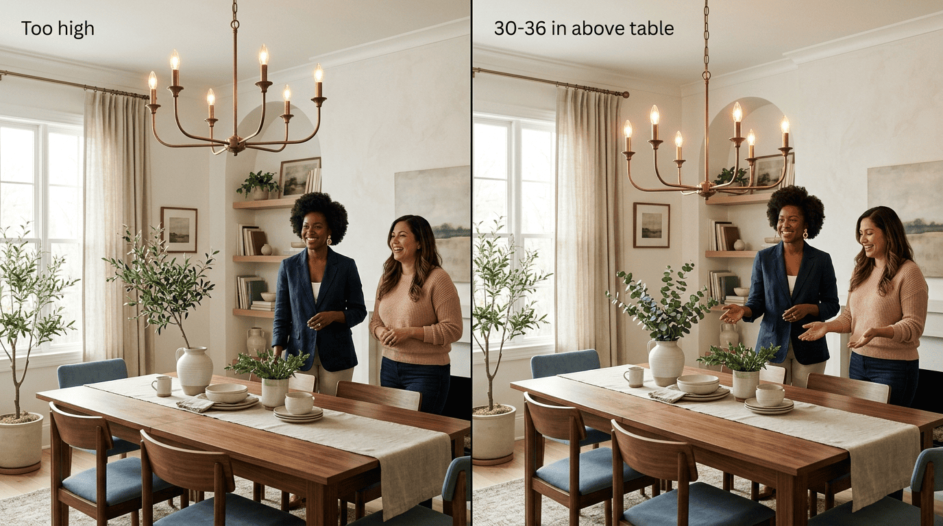 Comparison of a chandelier hung too high near the ceiling versus one hung 30 to 36 inches above the tabletop