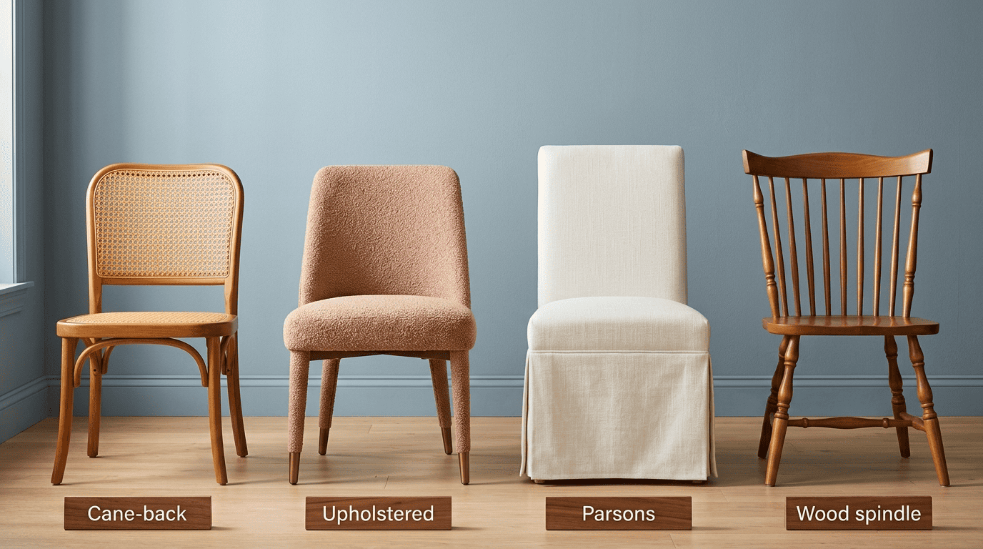Four dining chair styles side by side: cane-back, upholstered, Parsons, and wood spindle