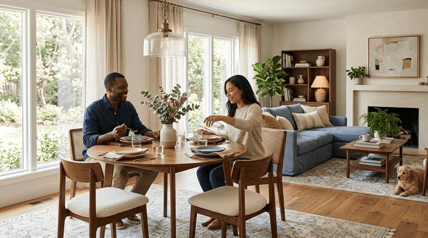 Open-plan living-dining space where a round table, pendant light, and area rug define the dining zone next to the living area