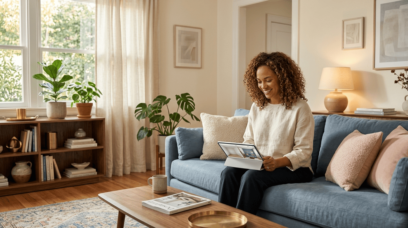 Homeowner on a sofa viewing an AI before-and-after room redesign on a tablet