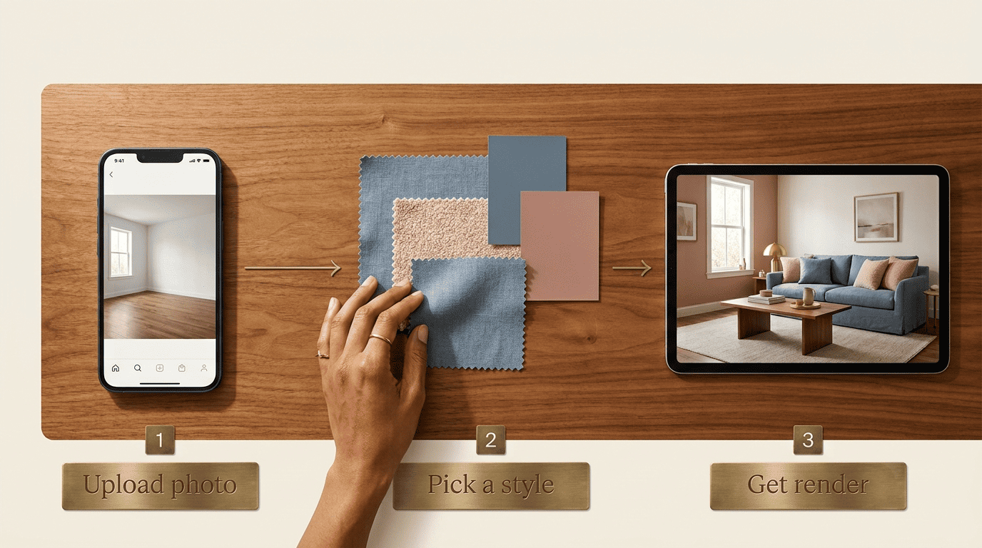 Three-step flow: upload photo, pick a style, get a render