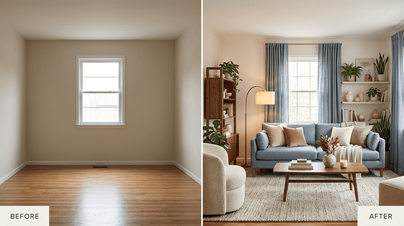 Before and after comparison of an empty room restyled by AI