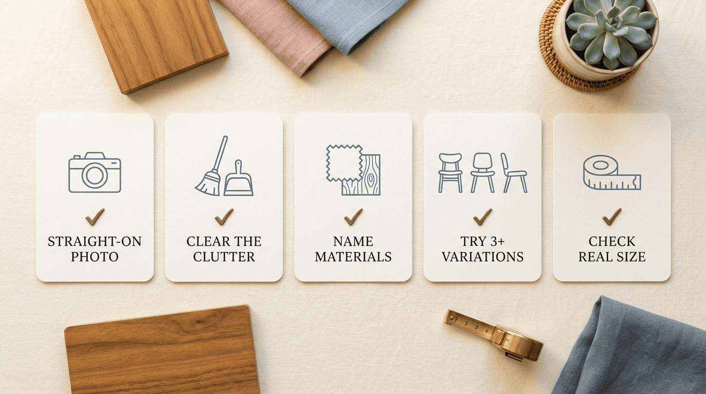 Checklist of tips for better free AI interior design renders