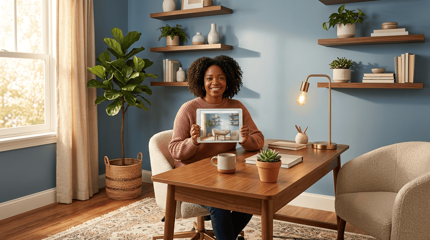 Homeowner in a cozy home office holding a tablet that shows an AI-redesigned version of the same room