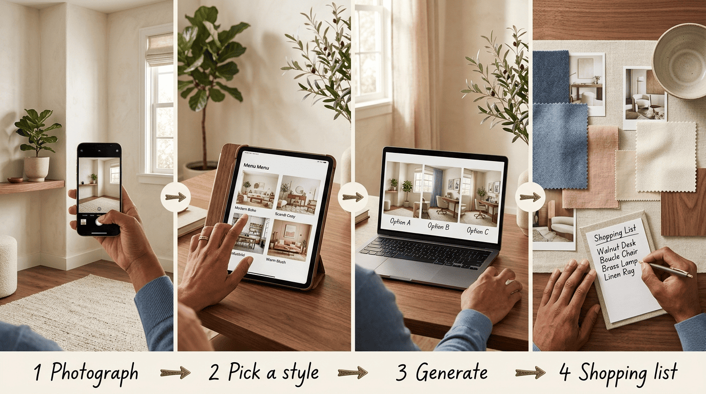 Four-step AI home office design workflow: photograph the room, pick a style, generate variations, pull a shopping list