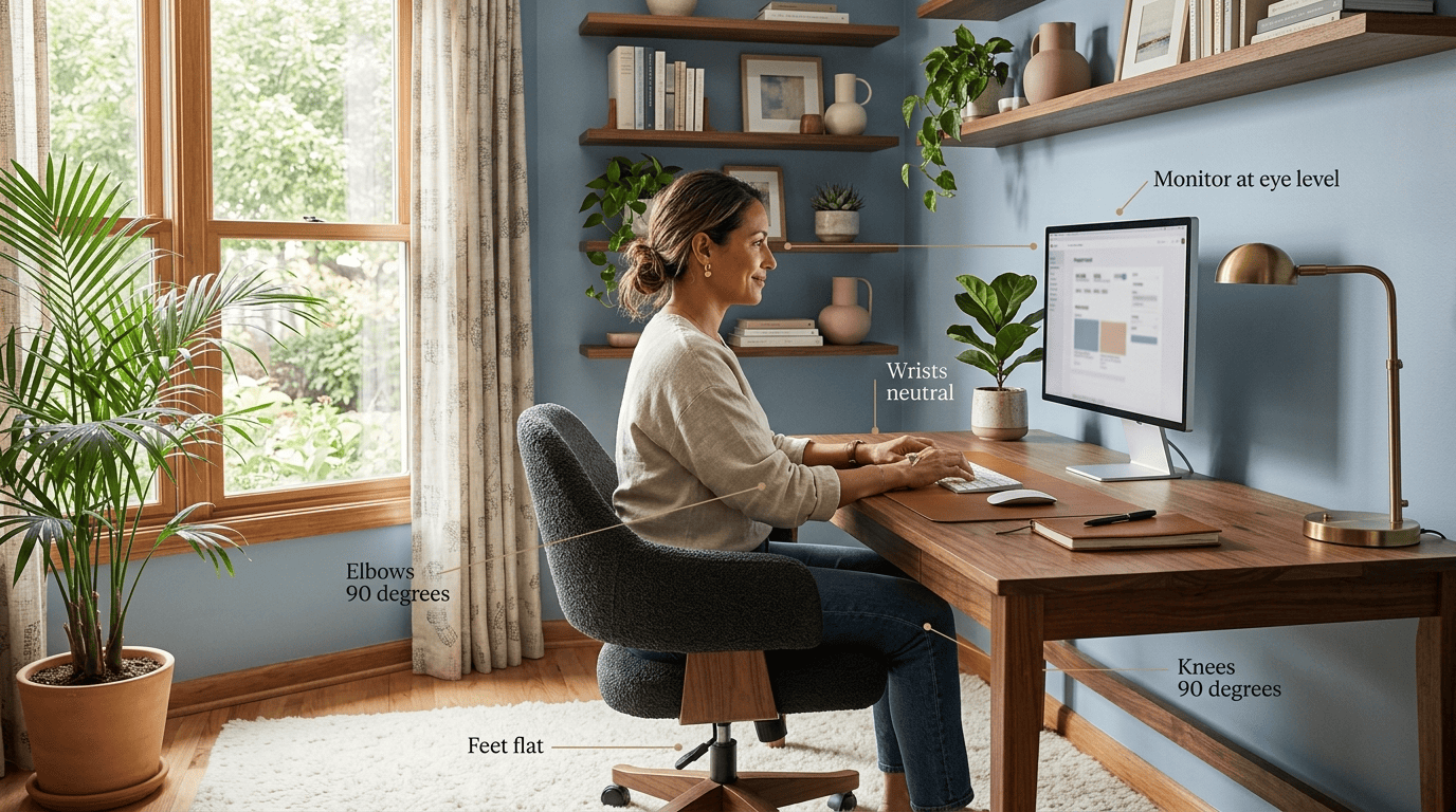 Annotated home office desk showing ergonomic targets: feet flat, knees 90 degrees, elbows 90 degrees, wrists neutral, monitor at eye level