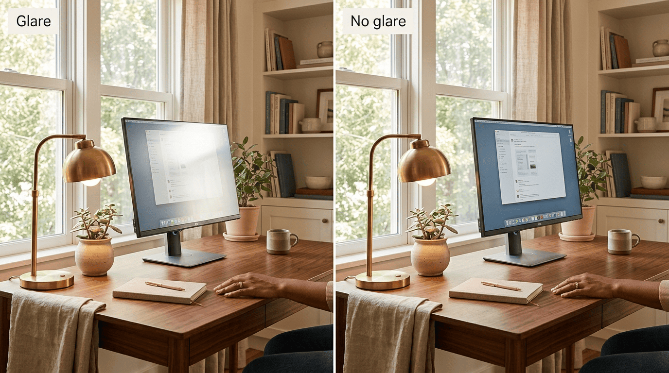 Side-by-side comparison of a desk facing a window with screen glare versus a monitor turned at a right angle to the window with no glare