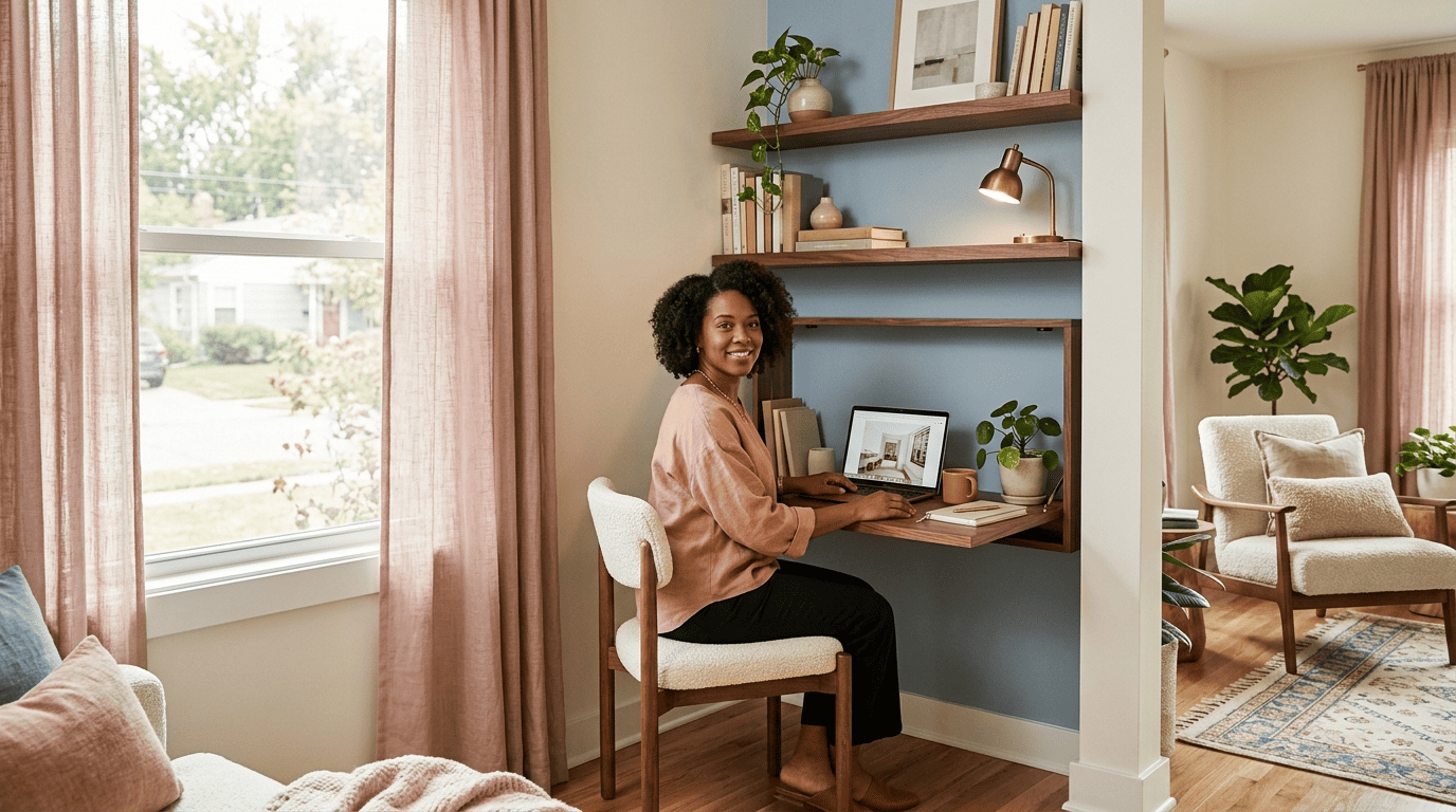 A small home office carved into a corner alcove with a fold-down walnut desk, vertical shelving, and dusty-blue color zoning
