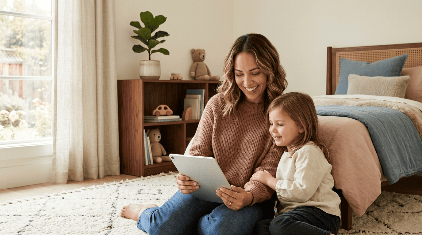 A parent and young child on the floor of a cozy bedroom previewing an AI redesign of the child's room on a tablet