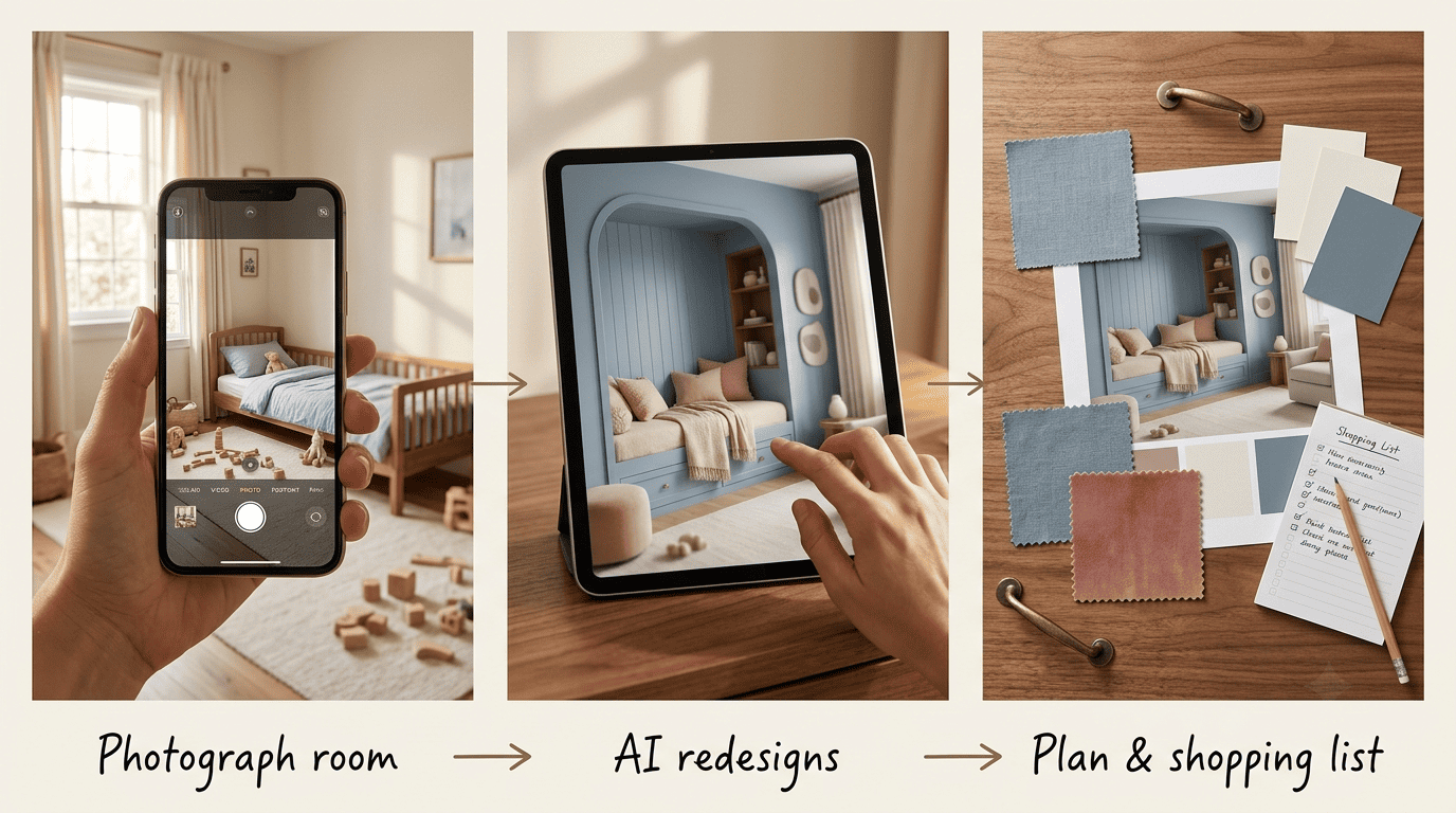 Three-step AI kids room workflow: photograph the room, AI redesigns it, then get a plan and shopping list