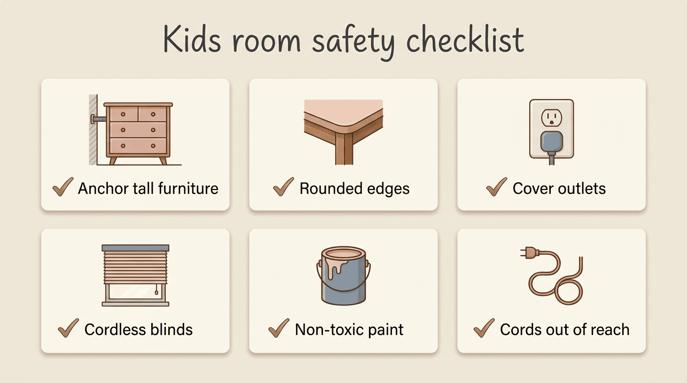 Kids room safety checklist: anchor tall furniture, rounded edges, cover outlets, cordless blinds, non-toxic paint, cords out of reach
