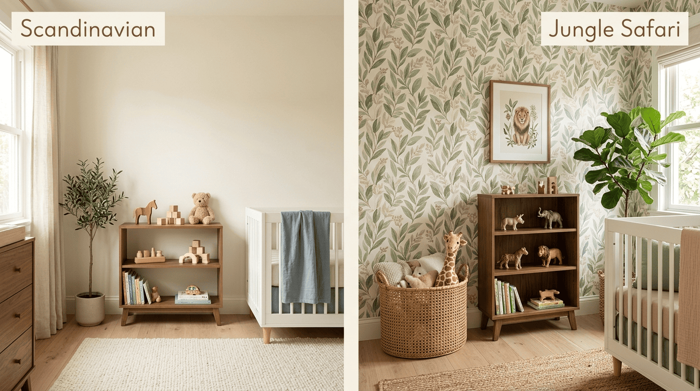 The same kids room shown in two AI style directions: calm Scandinavian on the left, playful Jungle Safari on the right