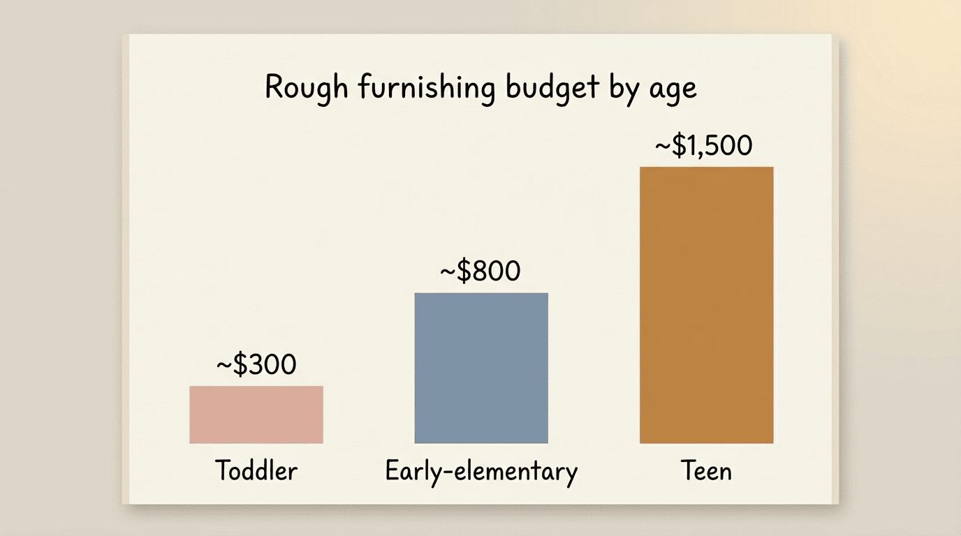 Bar chart of rough kids room furnishing budgets by age: toddler about $300, early-elementary about $800, teen about $1,500