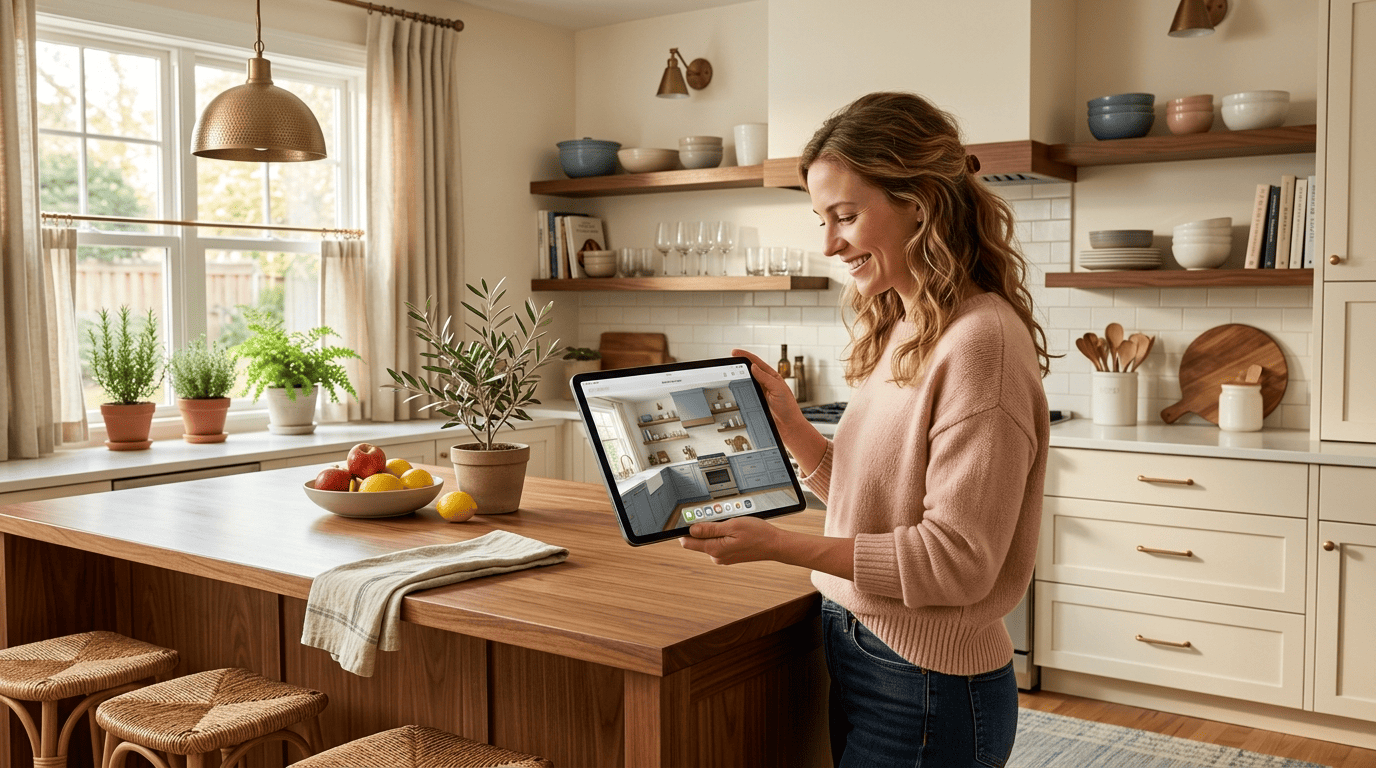 Homeowner holding a tablet that shows an AI redesign of her own kitchen