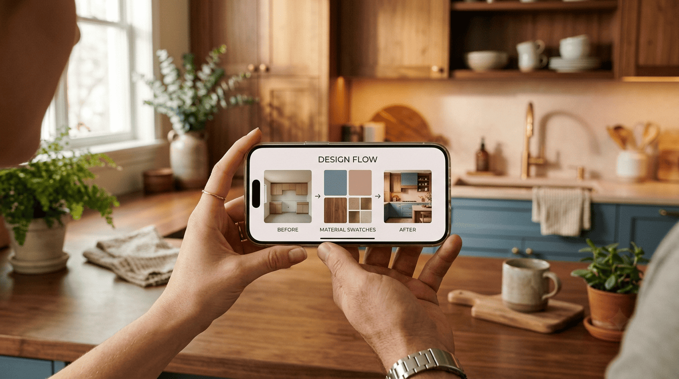 Phone showing the AI kitchen design flow: before photo, style swatches, after render