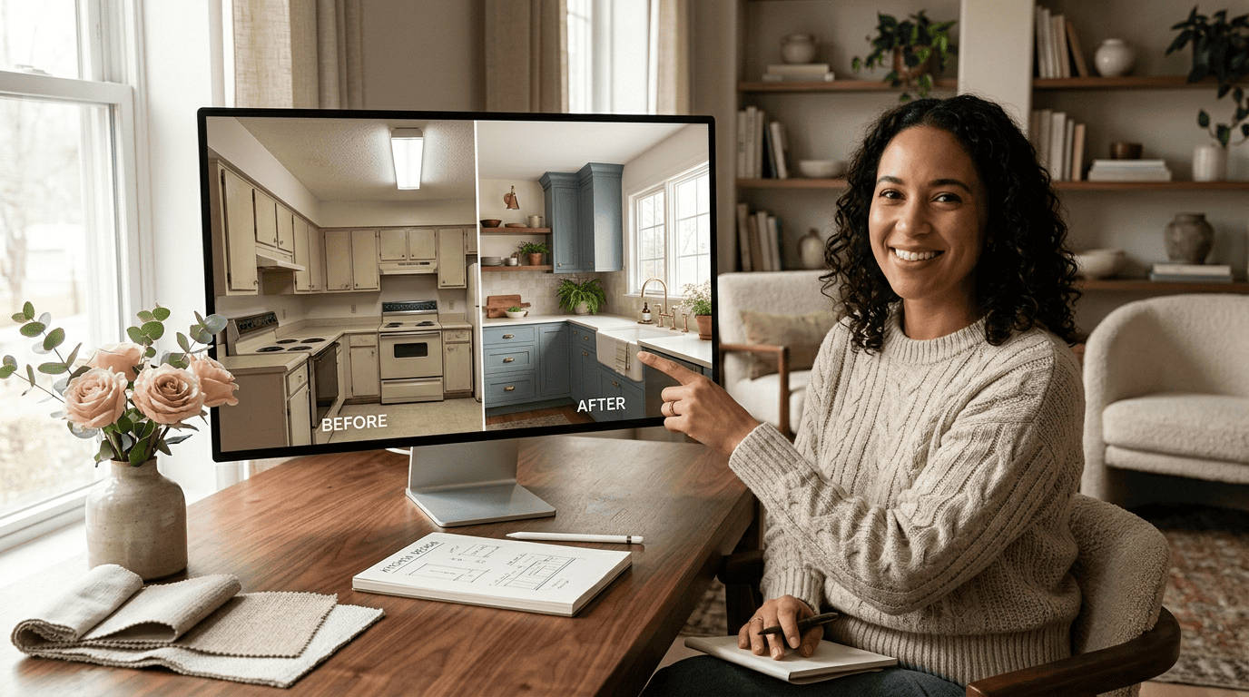 Before and after kitchen comparison on a monitor, dated kitchen beside an AI redesign