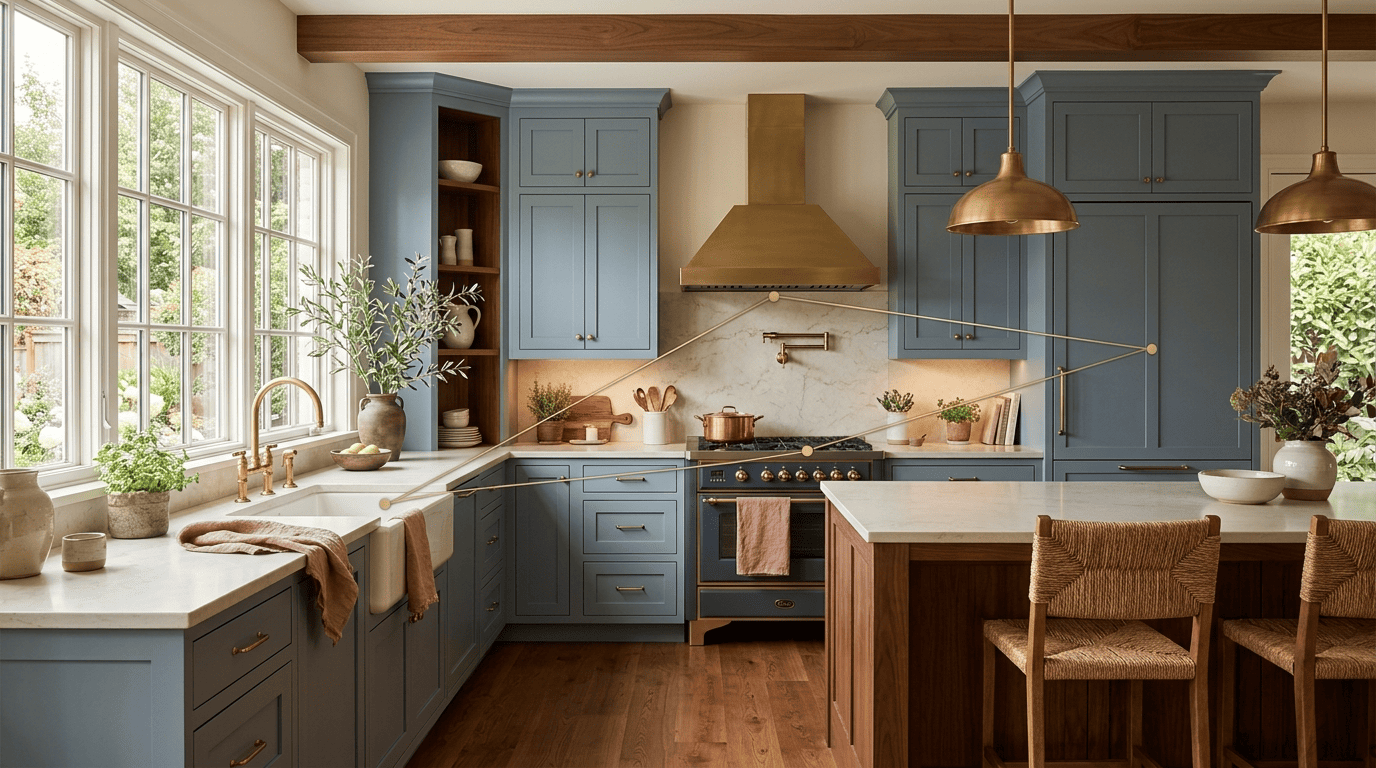 Kitchen with an overlay line connecting sink, range and refrigerator into a work triangle