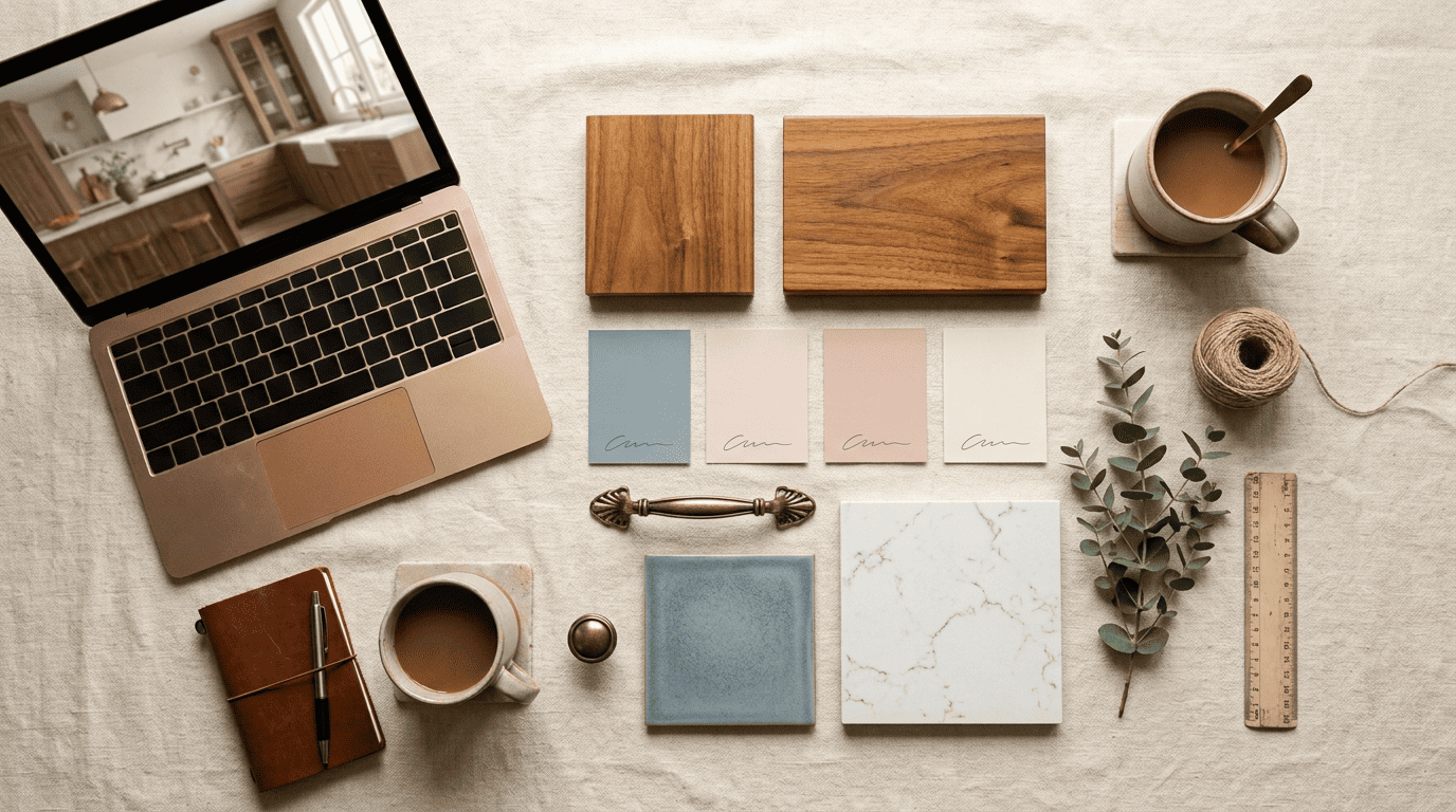Designer mood board with walnut samples, paint chips, brass hardware and tile swatches