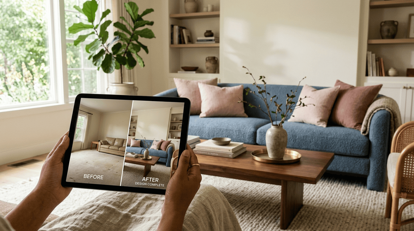 Tablet showing a before-and-after redesign of the same living room, held in a real cozy living room