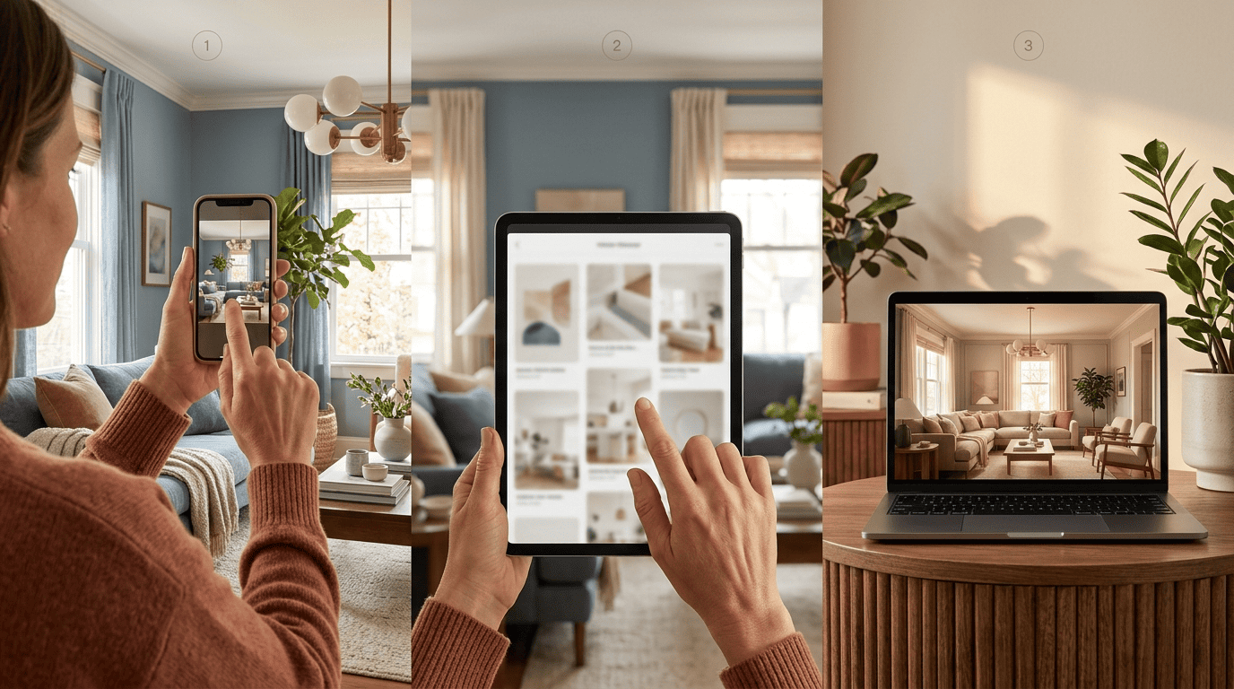 Three-step sequence: photographing a living room, choosing a style on a tablet, and a finished render on a laptop