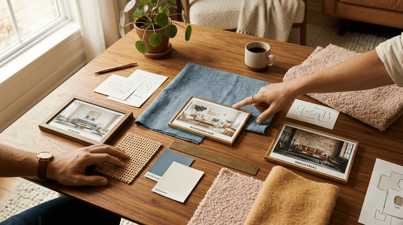 Interior design moodboard with fabric swatches, paint chips, and framed modern, Scandinavian and industrial style photos
