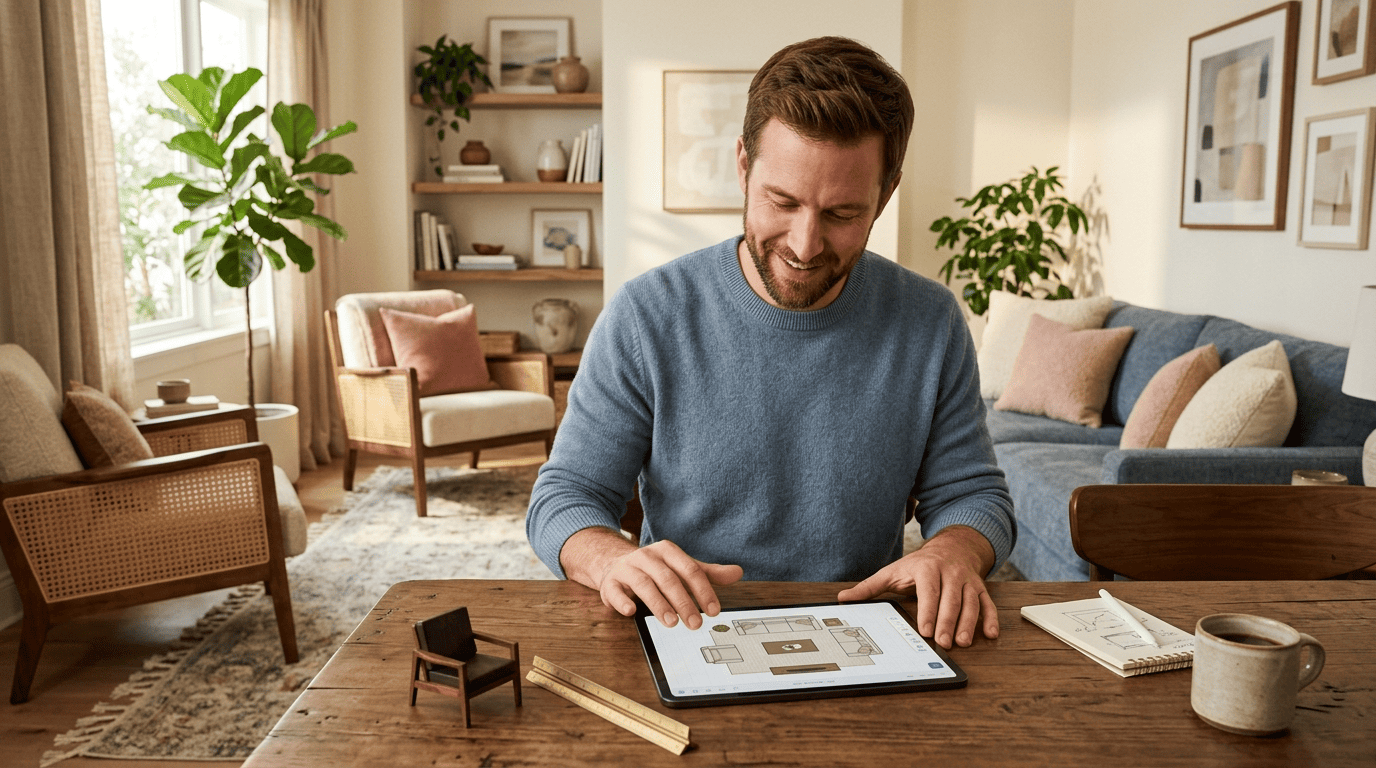 Interior designer reviewing a top-down living room furniture layout on a tablet