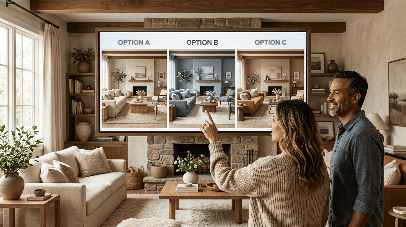 Wide screen comparing the same living room in three different color palettes, option A, B and C