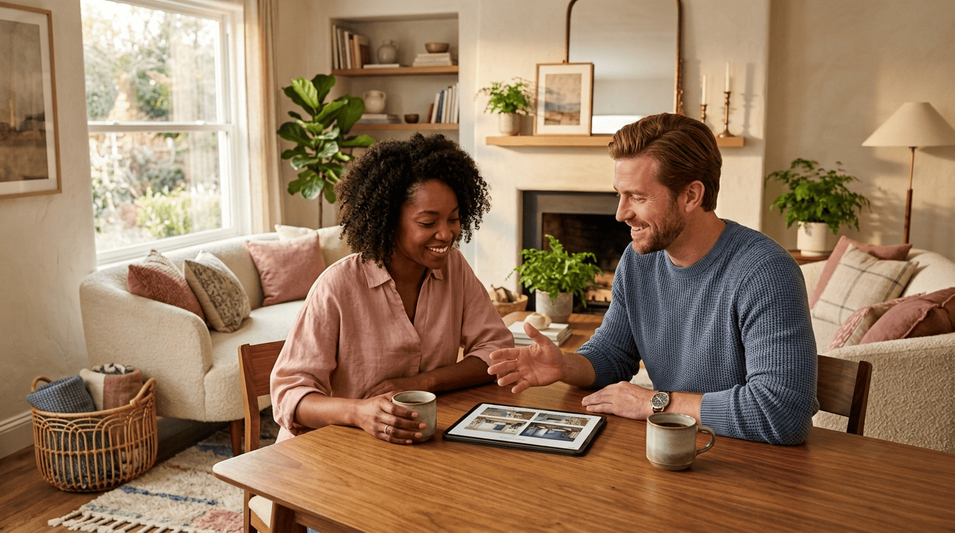 Interior designer and homeowner reviewing AI room design options together on a tablet