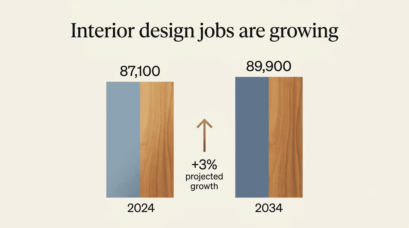 Bar chart: interior design jobs growing from 87,100 in 2024 to 89,900 in 2034