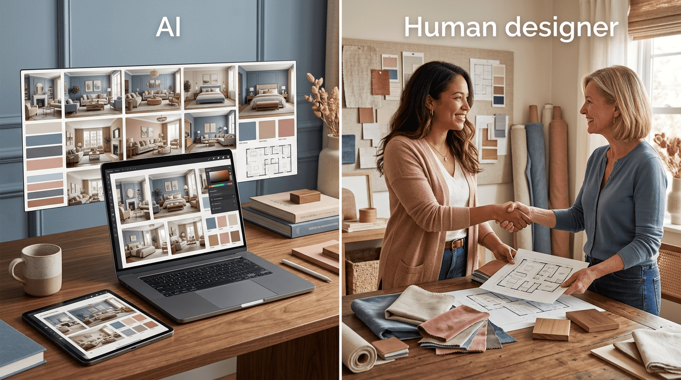Split comparison of AI strengths versus human interior designer strengths