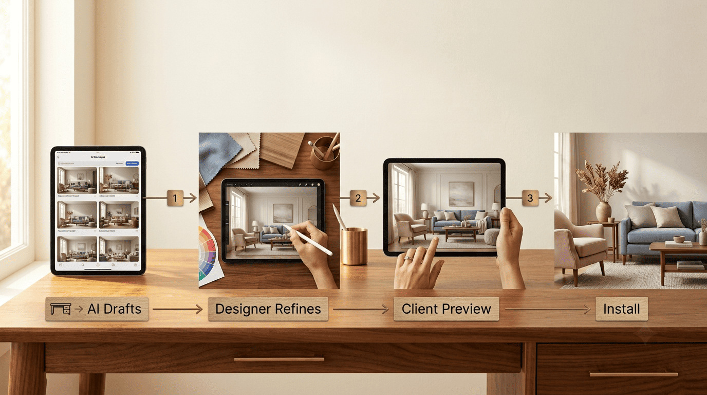 Four-step hybrid workflow: AI drafts, designer refines, client preview, install