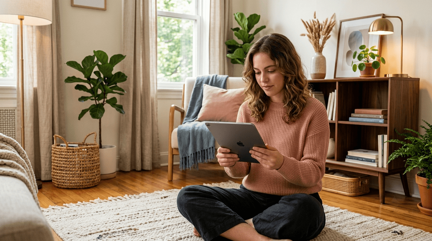A renter in a small studio previewing an AI redesign of her own room on a tablet
