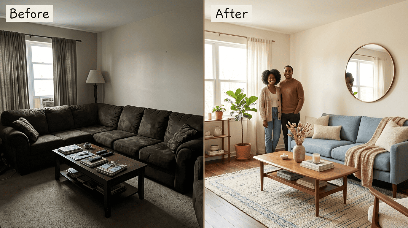Before and after of the same small living room, cramped versus airy after an AI redesign