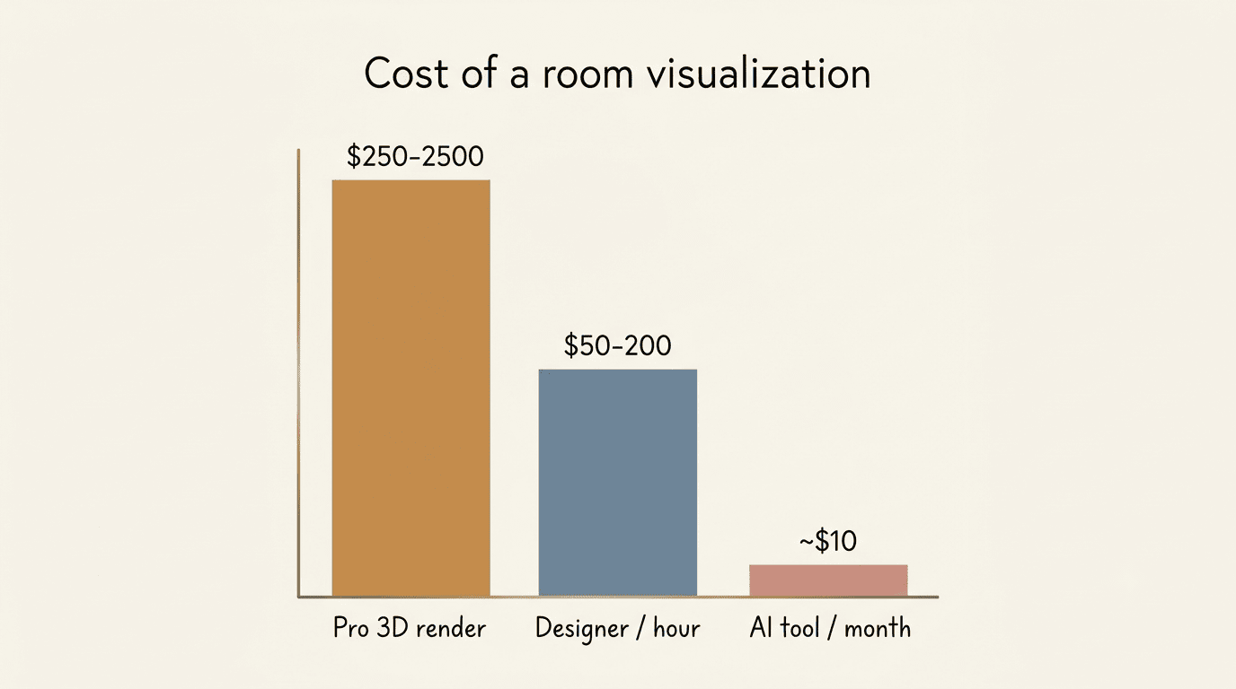 Bar chart comparing the cost of a room visualization: pro 3D render, designer per hour, and an AI tool subscription