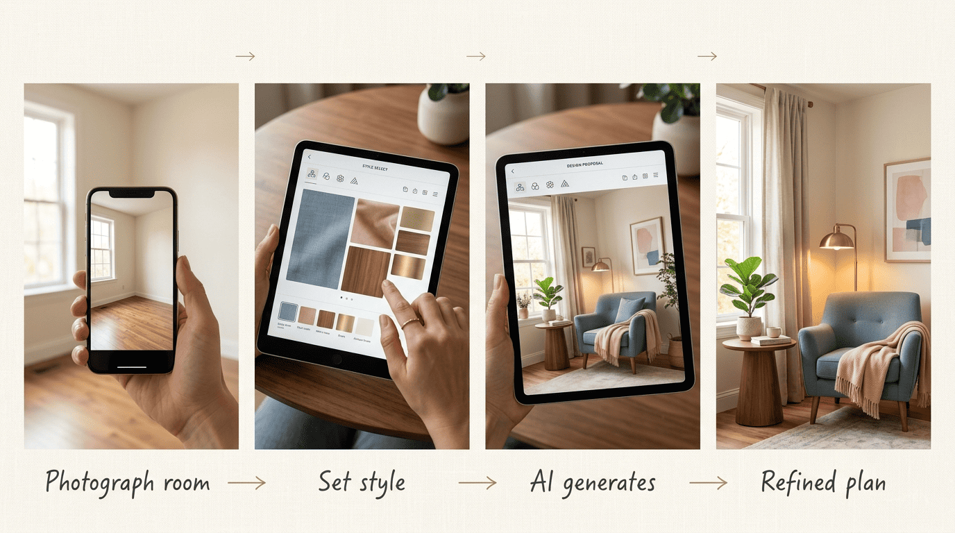 Four-step AI interior design workflow: photograph the room, set a style, AI generates, refined plan
