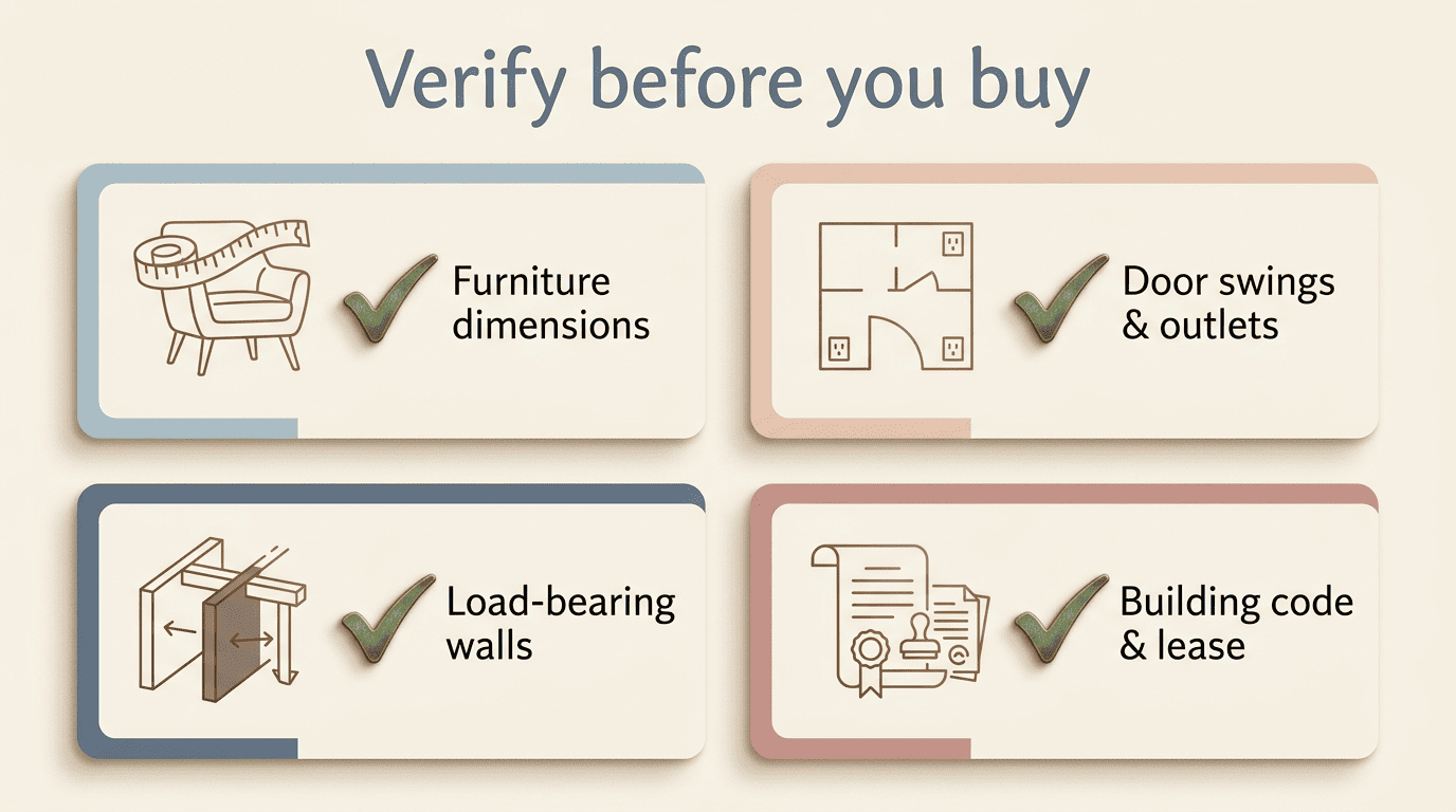 Checklist of what to verify before buying from an AI render: furniture dimensions, door swings and outlets, load-bearing walls, building code and lease